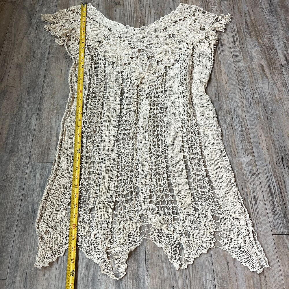 Beige Vintage Crochet Top Medium Summer Knit Dress Boho Beach Sexy Crochet Long - Picture 6 of 6